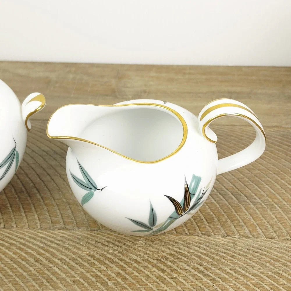 Noritake China 5540 Sugar Bowl‎ and Creamer Teal Bamboo Black Gold Leaves